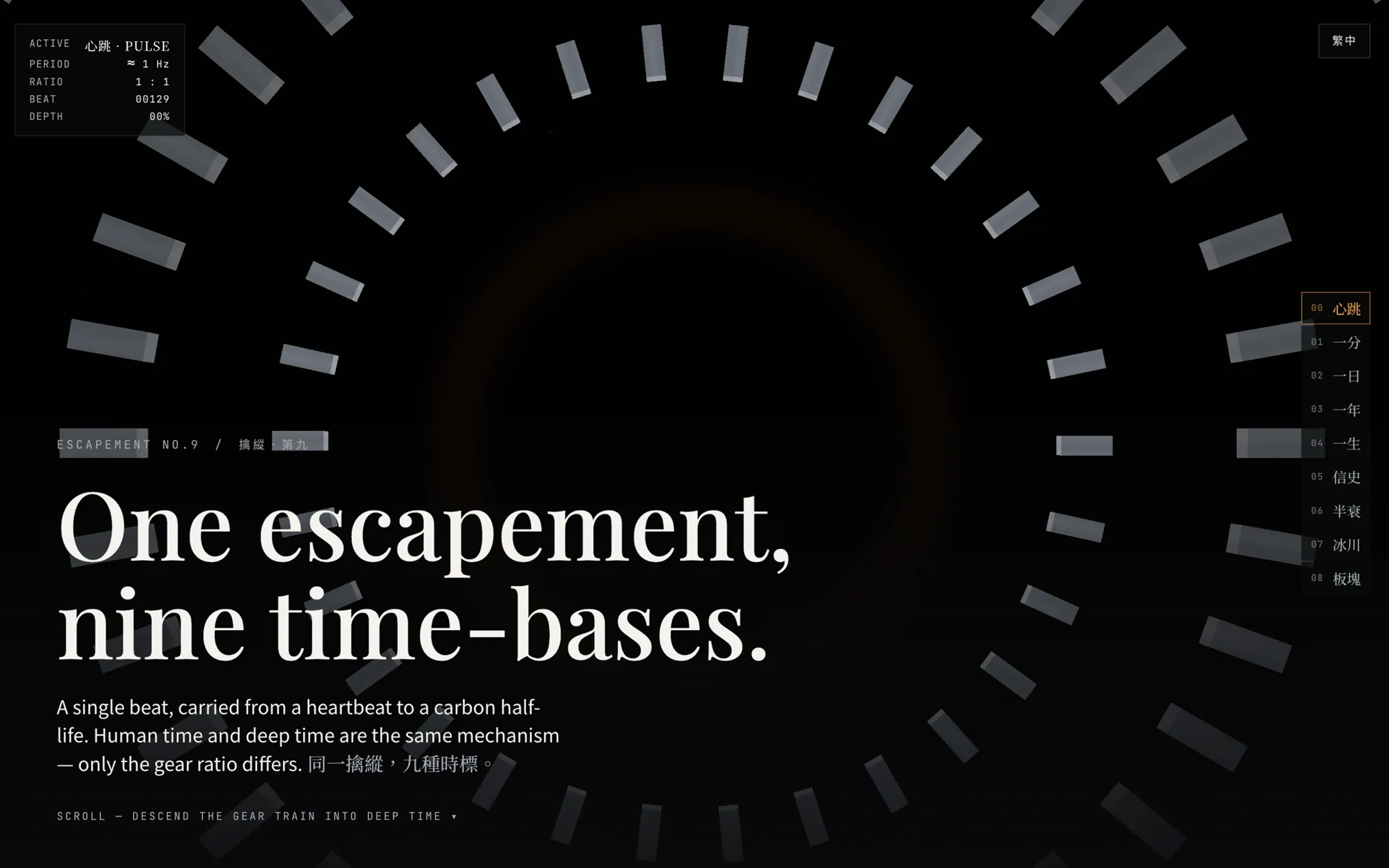 擒縱・第九首頁:近黑虛空中的九個同心擒縱環與機構遙測。 The Escapement No.9 hero — nine concentric escapement rings in a near-black void, with live telemetry.