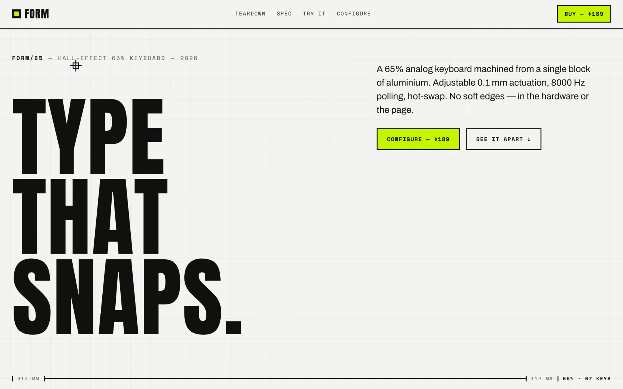 FORM/65 首頁:紙白網格上的巨大布魯特體字「TYPE THAT SNAPS.」與酸萊姆色點綴。 The FORM/65 landing — massive brutalist type on a paper-white grid with an acid-lime accent.