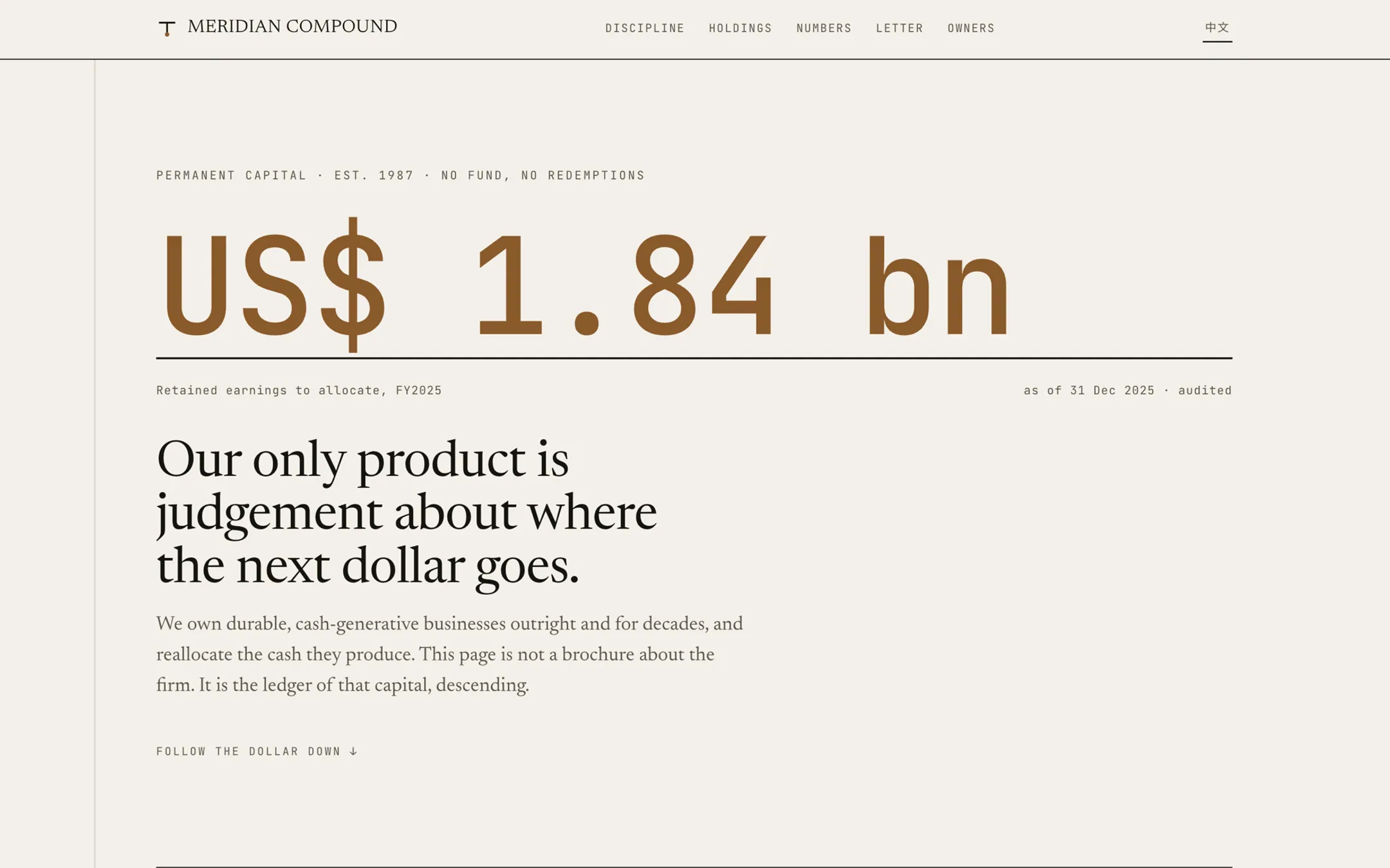 子午複利首頁:暖紙上巨大的襯線數字「US$ 1.81 bn」與一句致股東文字。 The Meridian Compound hero — a large serif figure 'US$ 1.81 bn' on warm paper with a letter-to-owners line.